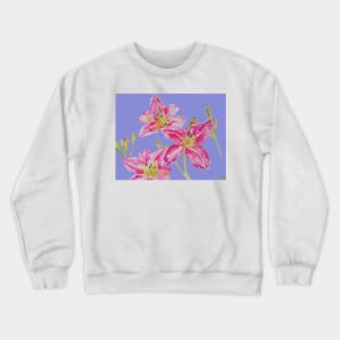 Pink Lily Flower Watercolor Painting Pattern - on Lavender Purple Crewneck Sweatshirt